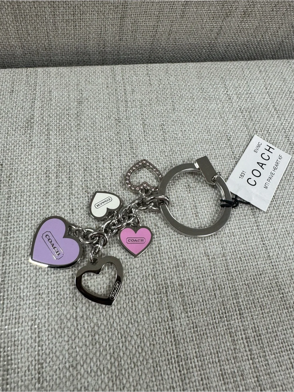 Coach Silver-tone Keychain with Lavender Heart Charm